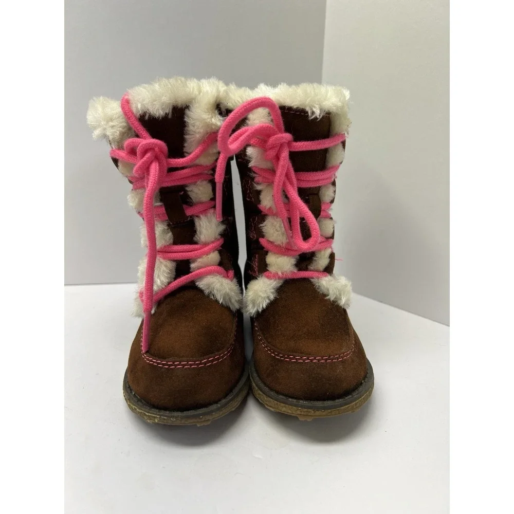 Carter's Lindsay-C Winter Boots Toddler 5 Brown Pink‎ Faux Fur Floral Embroidery